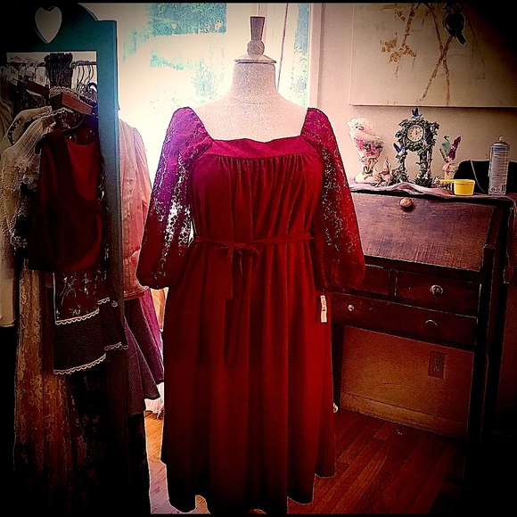 Vintage Dresses & Skirts - Vintage 1970’s brick red/ burgundy prairie dress - rare plus size- lace sleeves.